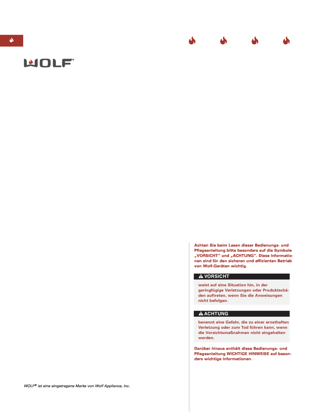 Sub-Zero Downdraft Ventilation manual Vorsicht, Achtung, WOLF ist eine eingetragene Marke von Wolf Appliance, Inc 
