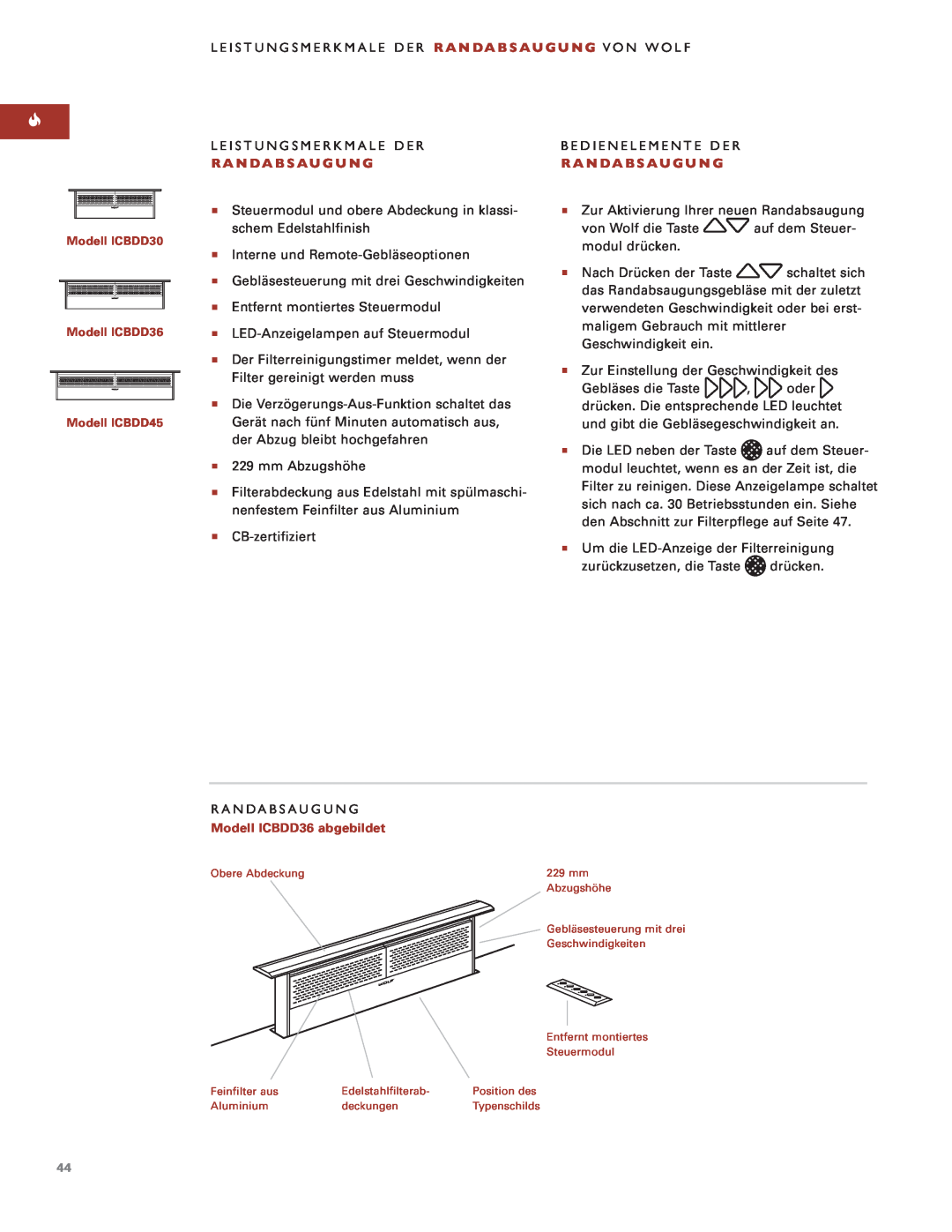 Sub-Zero Downdraft Ventilation manual Leistungsmerkmale Der R A N Da B S Au G U N G Von Wolf 