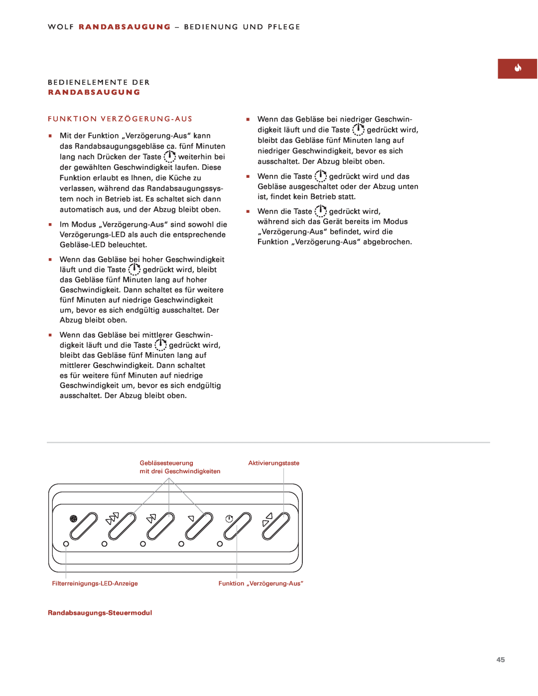 Sub-Zero Downdraft Ventilation manual Funktion Verzögerung - Aus, Randabsaugungs-Steuermodul 