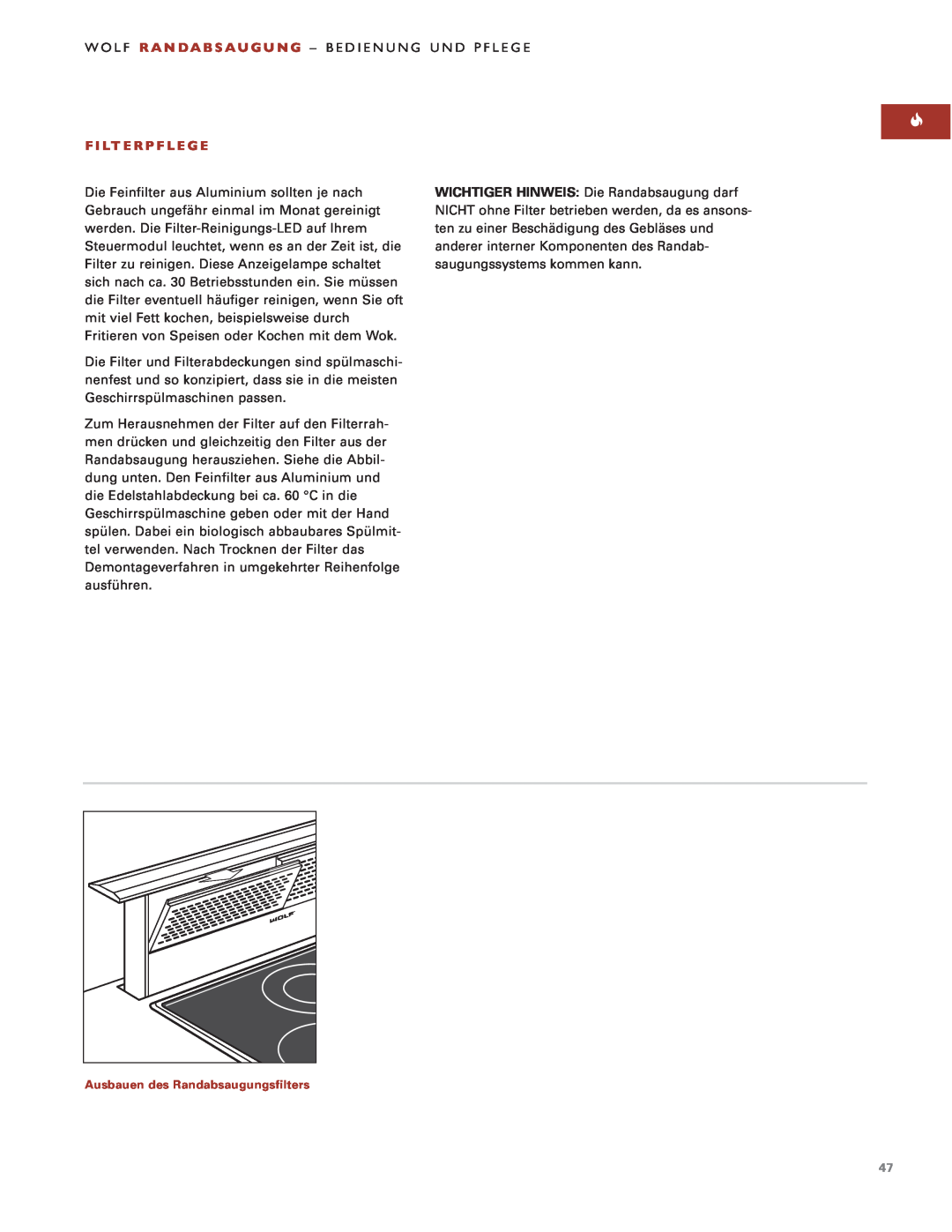 Sub-Zero Downdraft Ventilation manual F I Lt E R P F L E G E, Ausbauen des Randabsaugungsfilters 