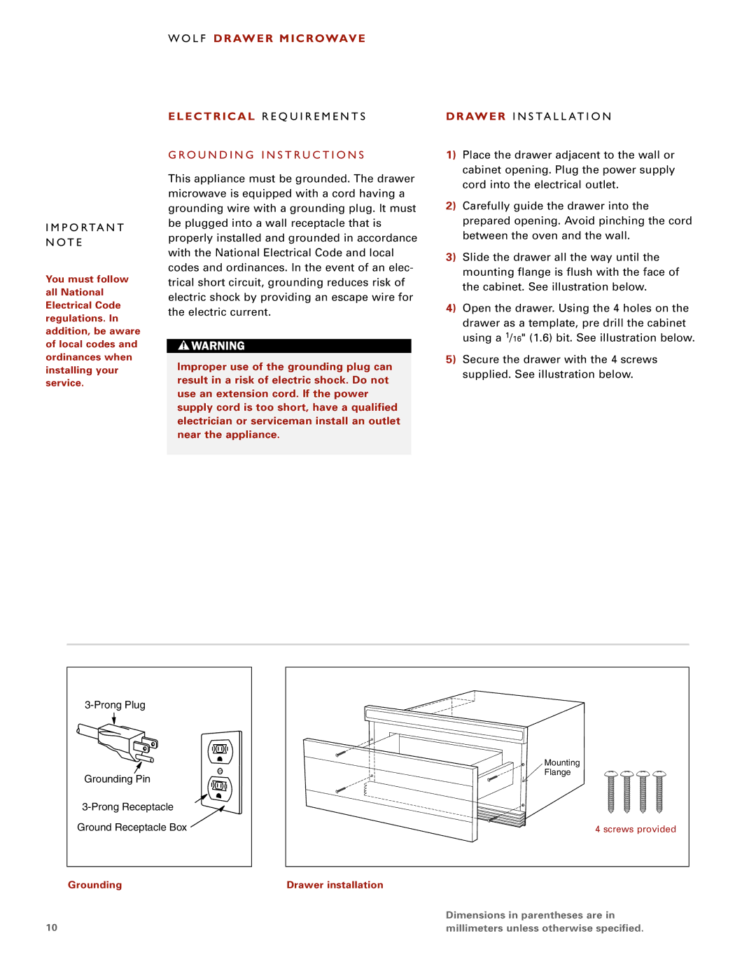 Sub-Zero Drawer Microwave Mpor TAN T no TE, EL EC TRI CAL Requ Irement S, Grou N DIN G Instr U Ctio NS 