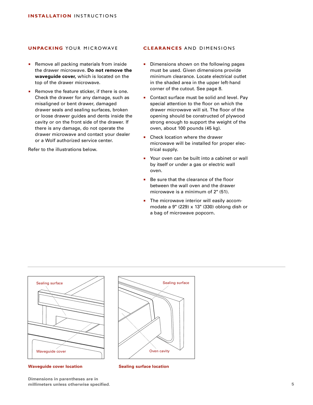 Sub-Zero Drawer Microwave Clear ANC ES a N D D I ME N SI O N S, Waveguide cover location, Sealing surface location 