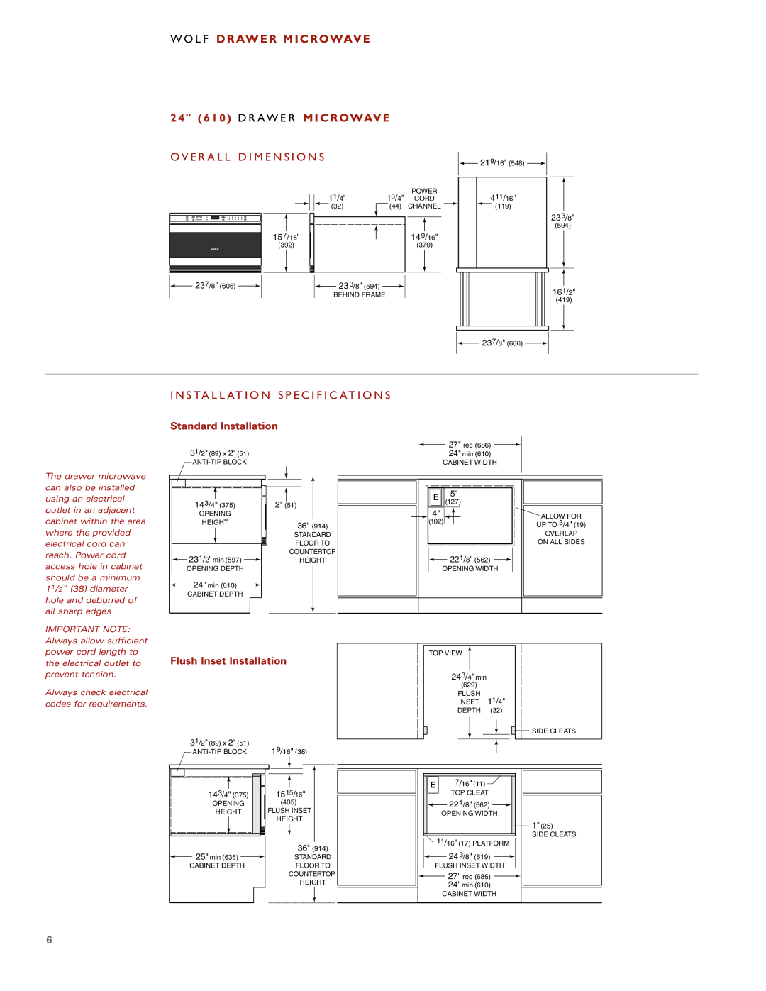 Sub-Zero Drawer Microwave WO LF DR Awer Micr Owave, Rawer, OV ER ALL Dimens Ions, ST Allatio N S PEC Ificatio NS 