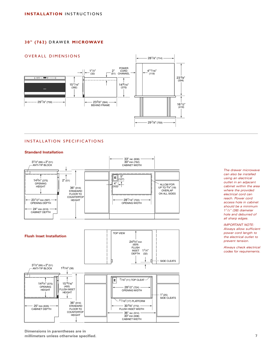 Sub-Zero installation instructions Instal Lati on Instr U C TIO N S, 30 7 62 Drawer Microwave, OV Erall Dime NS Ions 