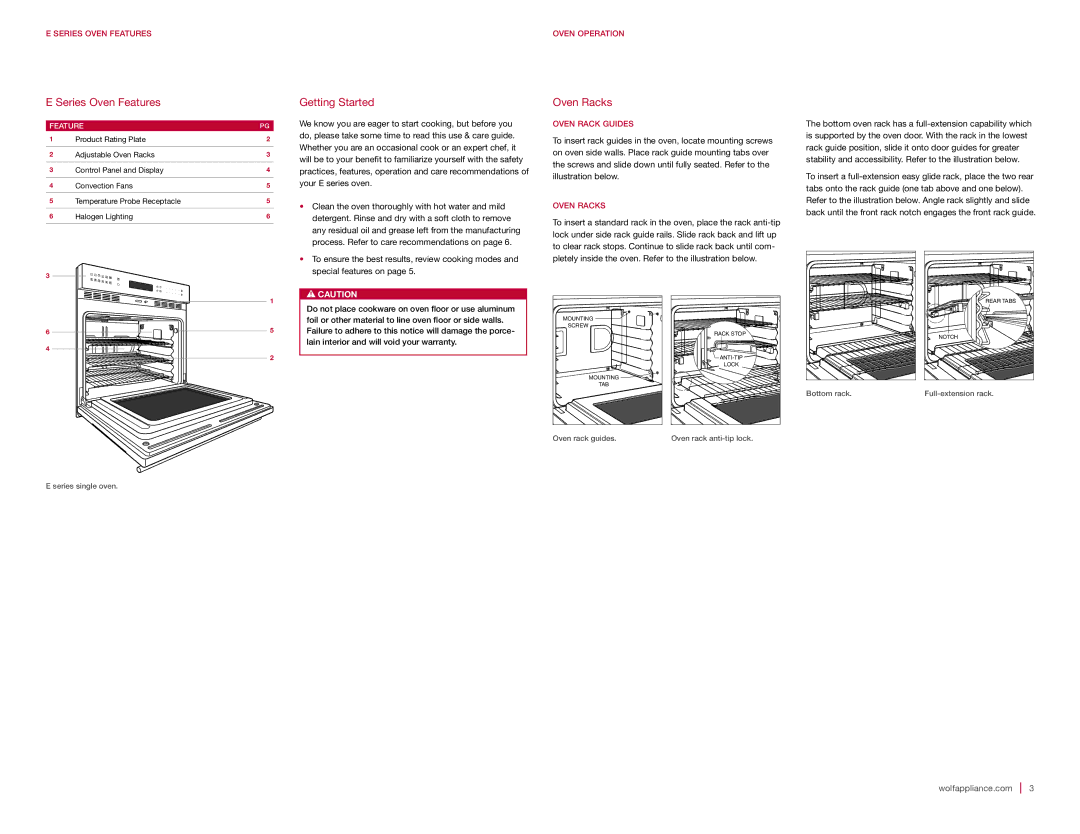 Sub-Zero E SERIES manual Series Oven Features, Getting Started, Oven Racks 