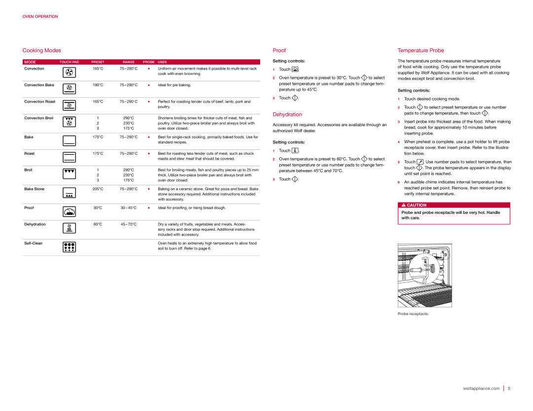 Sub-Zero E SERIES manual Cooking Modes, Proof, Dehydration, Temperature Probe 