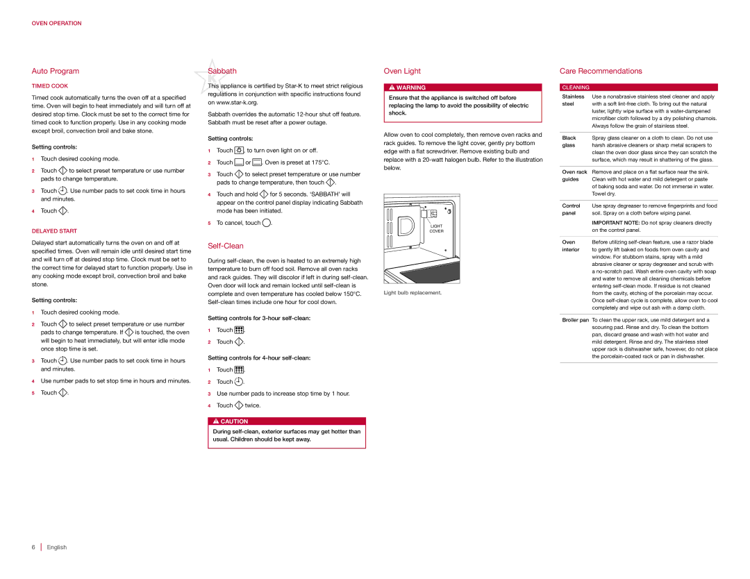 Sub-Zero E SERIES manual Auto Program, Sabbath, Self-Clean, Oven Light, Care Recommendations 