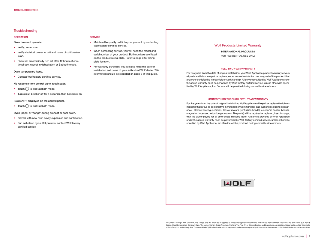 Sub-Zero E SERIES manual Troubleshooting, Wolf Products Limited Warranty 