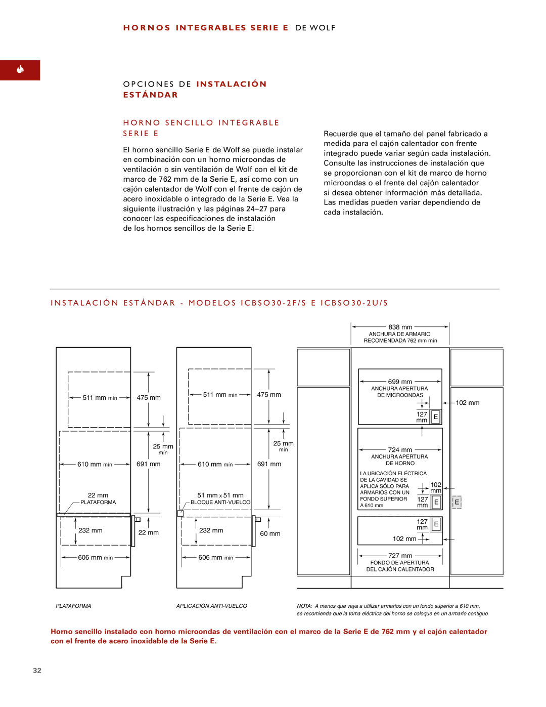 Sub-Zero E SERIES manual C I O N E S D E Instalación, Estándar, R N O S E N C I L L O I N T E G R a B L E S E R I E E 