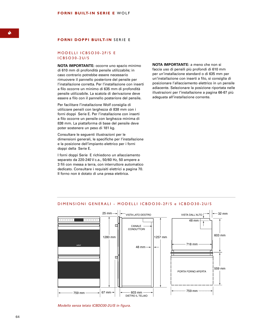 Sub-Zero E SERIES manual Modello senza telaio ICBDO30-2U/S in figura 