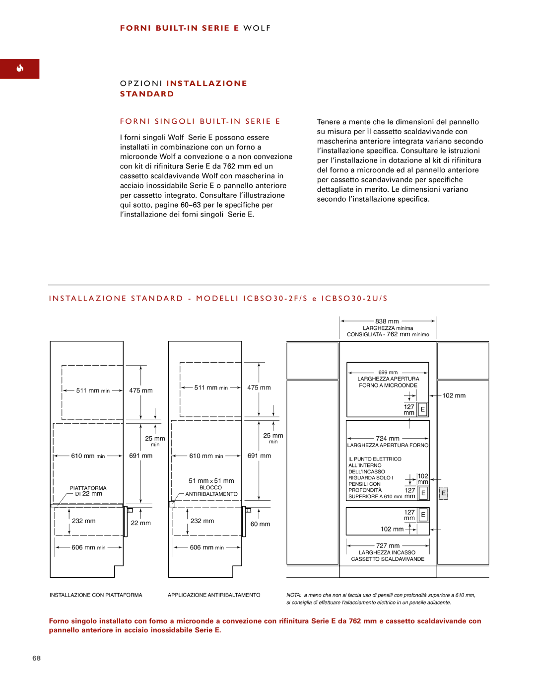 Sub-Zero E SERIES manual Forni BUILT- in Serie E W O L F, Z I O N I Installazione, Standard 