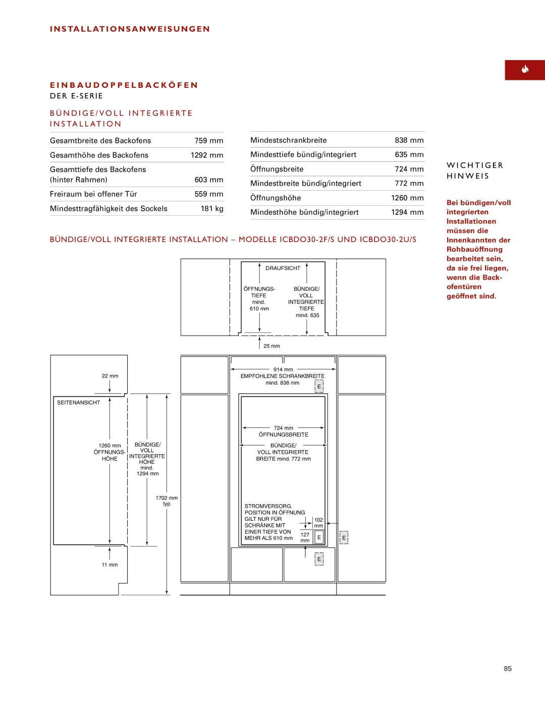 Sub-Zero E SERIES manual Tiefe Voll 