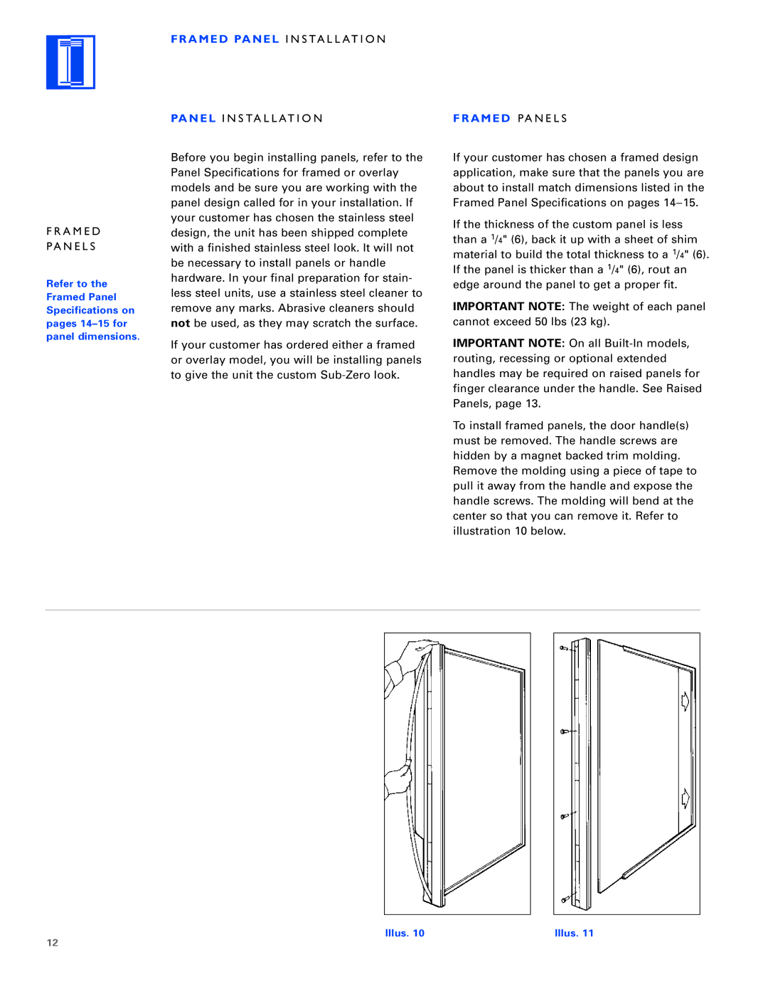 Sub-Zero Freezer installation instructions A M E D N E L S, Framed Panel I N S TA L L AT I O N, Framed P a N E L S 