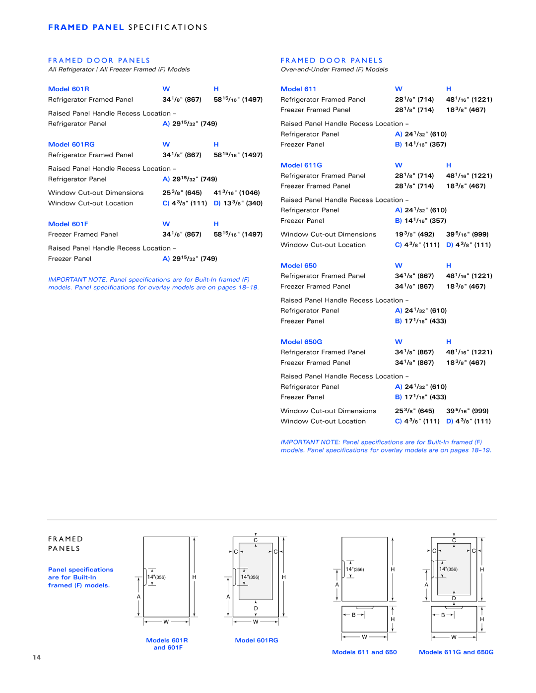 Sub-Zero Freezer Framed Panel S P E C I F I C AT I O N S, A M E D D O O R Pa N E L S, A M E D Pa N E L S, Model 601R 