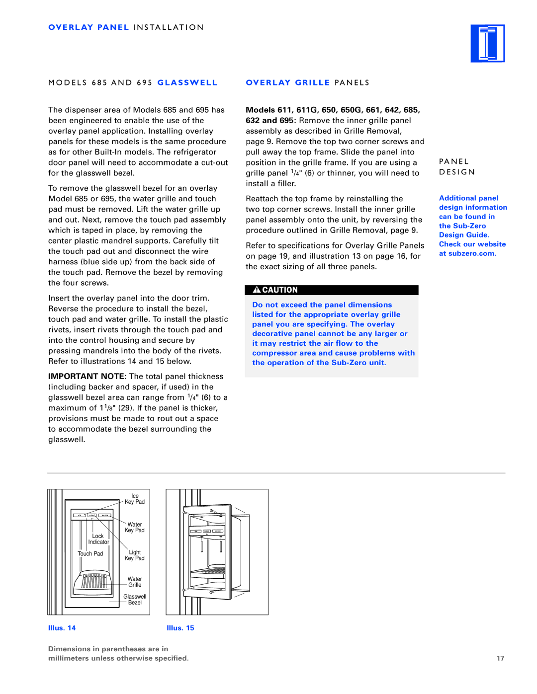 Sub-Zero Freezer installation instructions Overlay Panel I N S TA L L AT I O N, Overlay Grille PA N E L S 