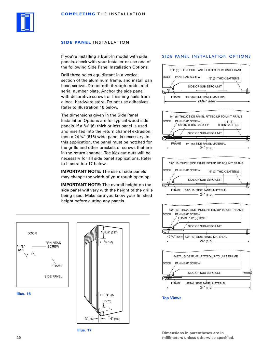 Sub-Zero Freezer installation instructions D E Pa N E L I N S Ta L L At I O N O P T I O N S, 24 1/ 4 