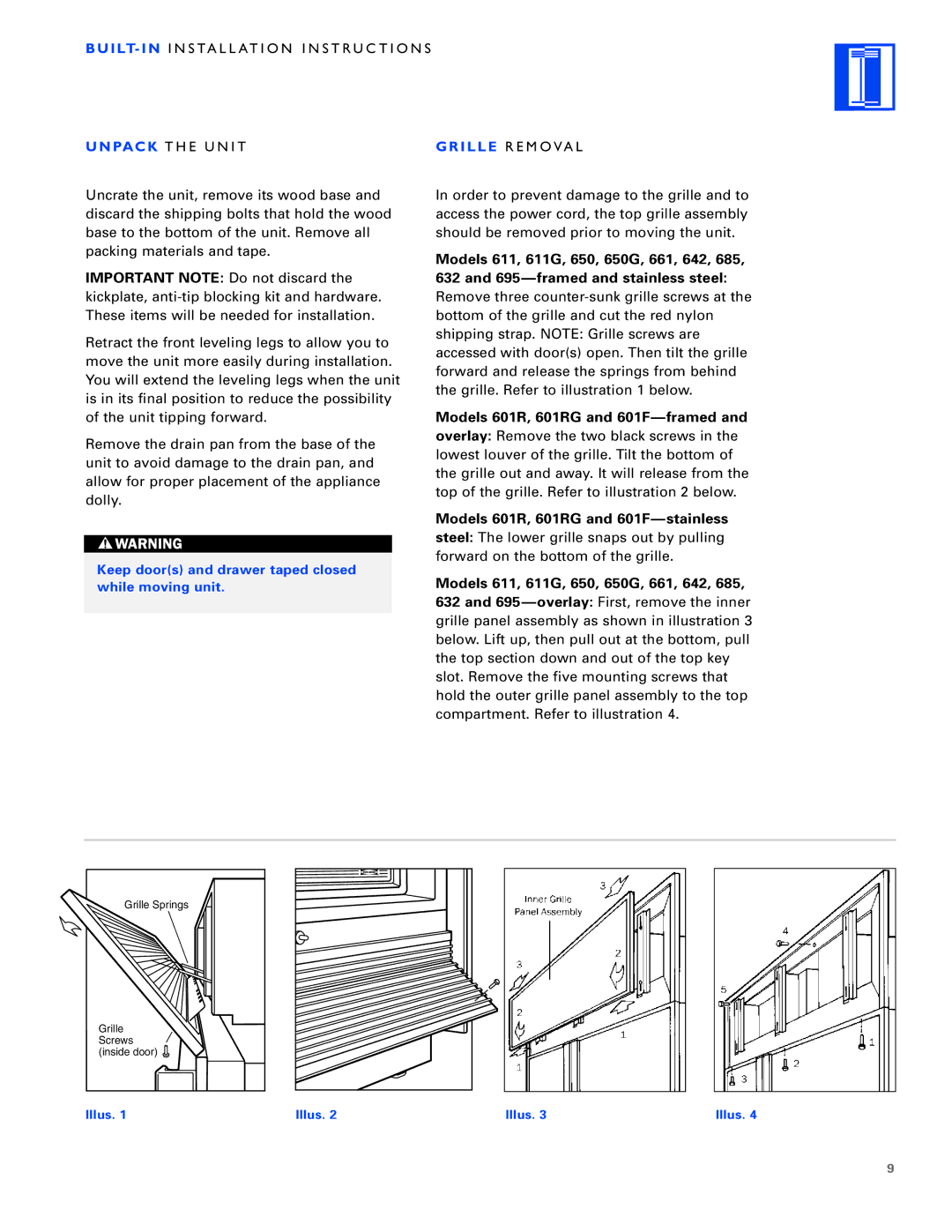 Sub-Zero Freezer installation instructions Grille R E M O V a L, Models 601R, 601RG and 601F-framed 