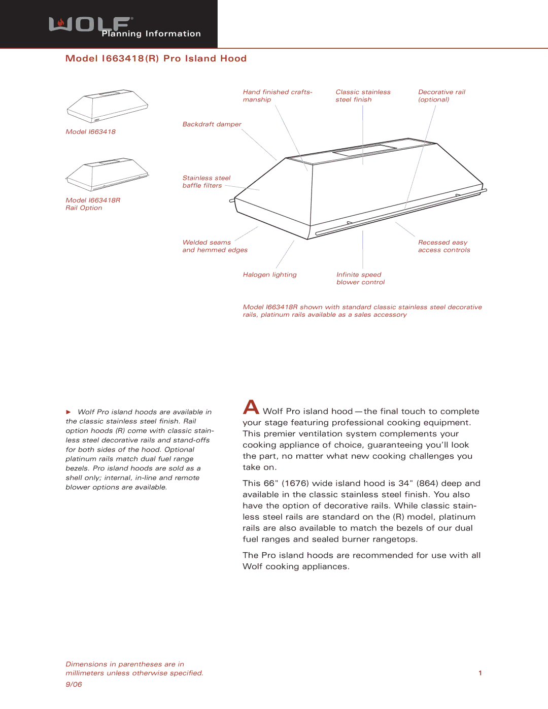 Sub-Zero I663418(R) dimensions Model I663418R Pro Island Hood 