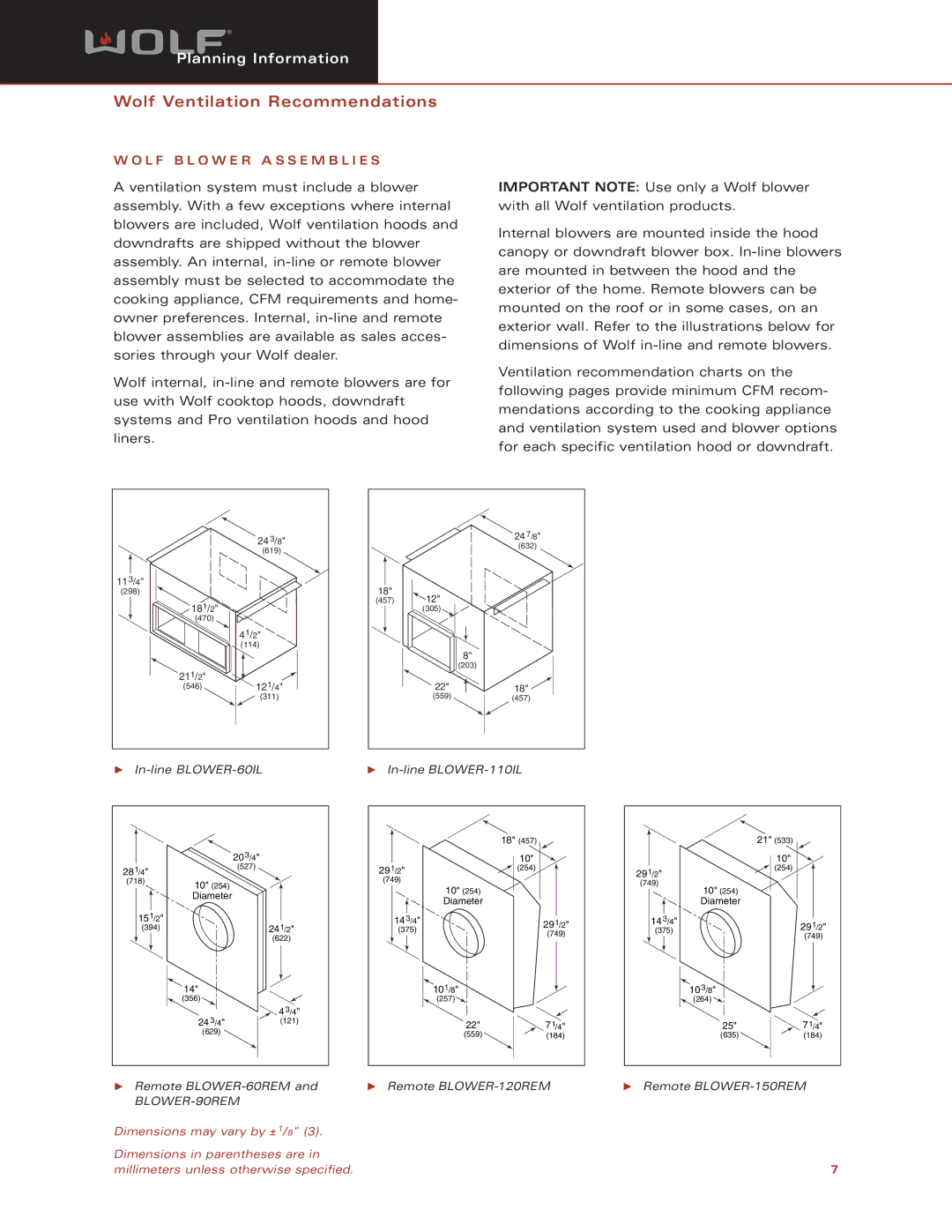 Sub-Zero I663418(R) dimensions Wolf Ventilation Recommendations, L F B L O W E R a S S E M B L I E S 