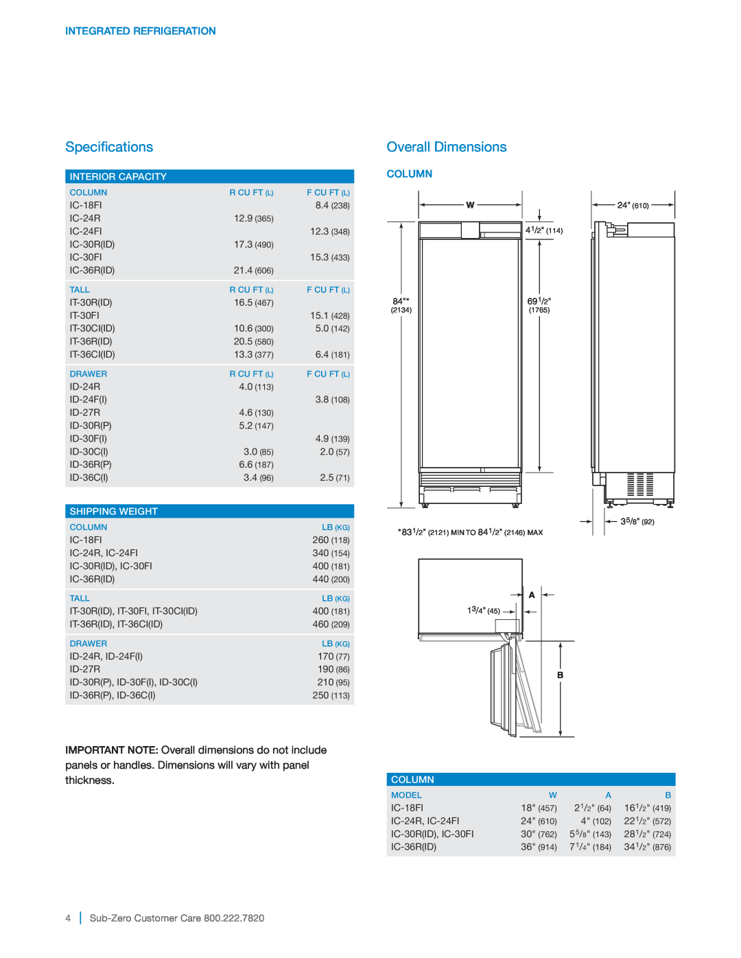 Sub-Zero IC-18F Specifications, Overall Dimensions, Integrated Refrigeration, Interior Capacity, Shipping Weight, Column 