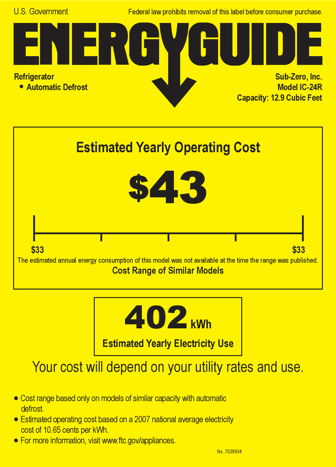 Sub-Zero IC-24R manual $43, 402kWh, Your cost will depend on your utility rates and use, $33, Cost Range of Similar Models 