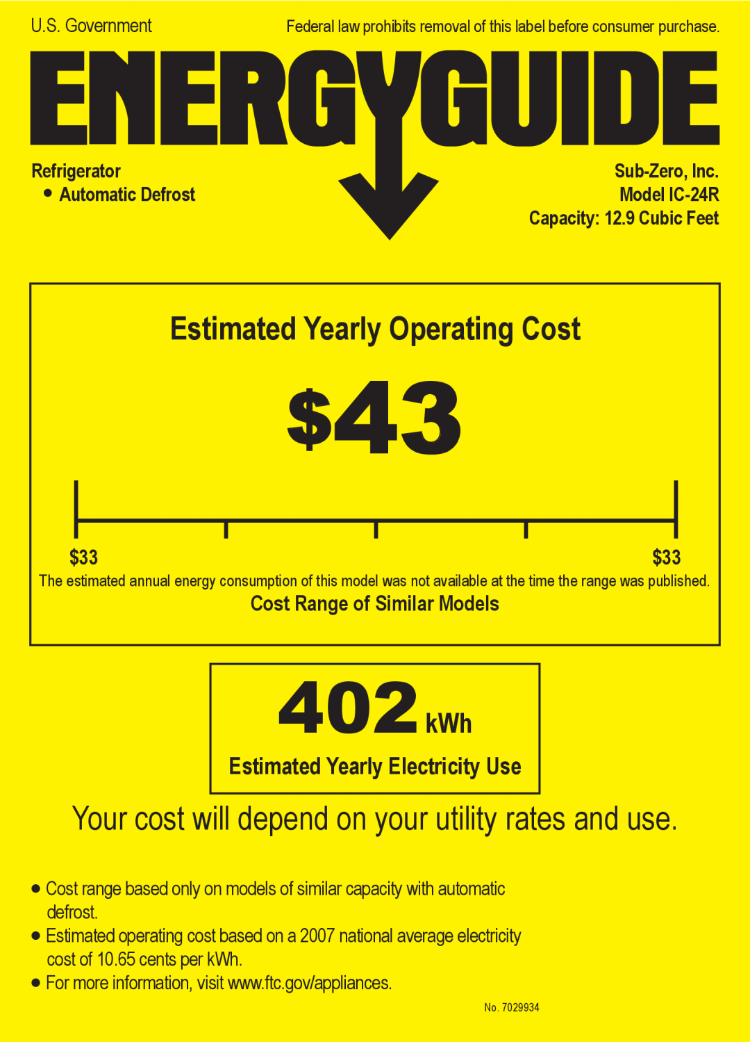 Sub-Zero IC-24R manual Estimated Yearly Electricity Use, Cost Range of Similar Models, 402kWh, Refrigerator, Sub-Zero,Inc 