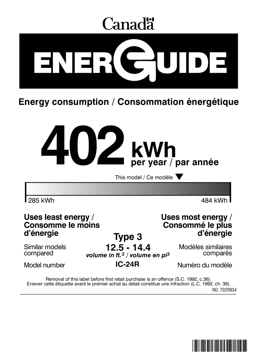 Sub-Zero IC-24R Uses least energy, Uses most energy, Consomme le moins, Consommé le plus, d’énergie, 402kWh, 12.5, Type 