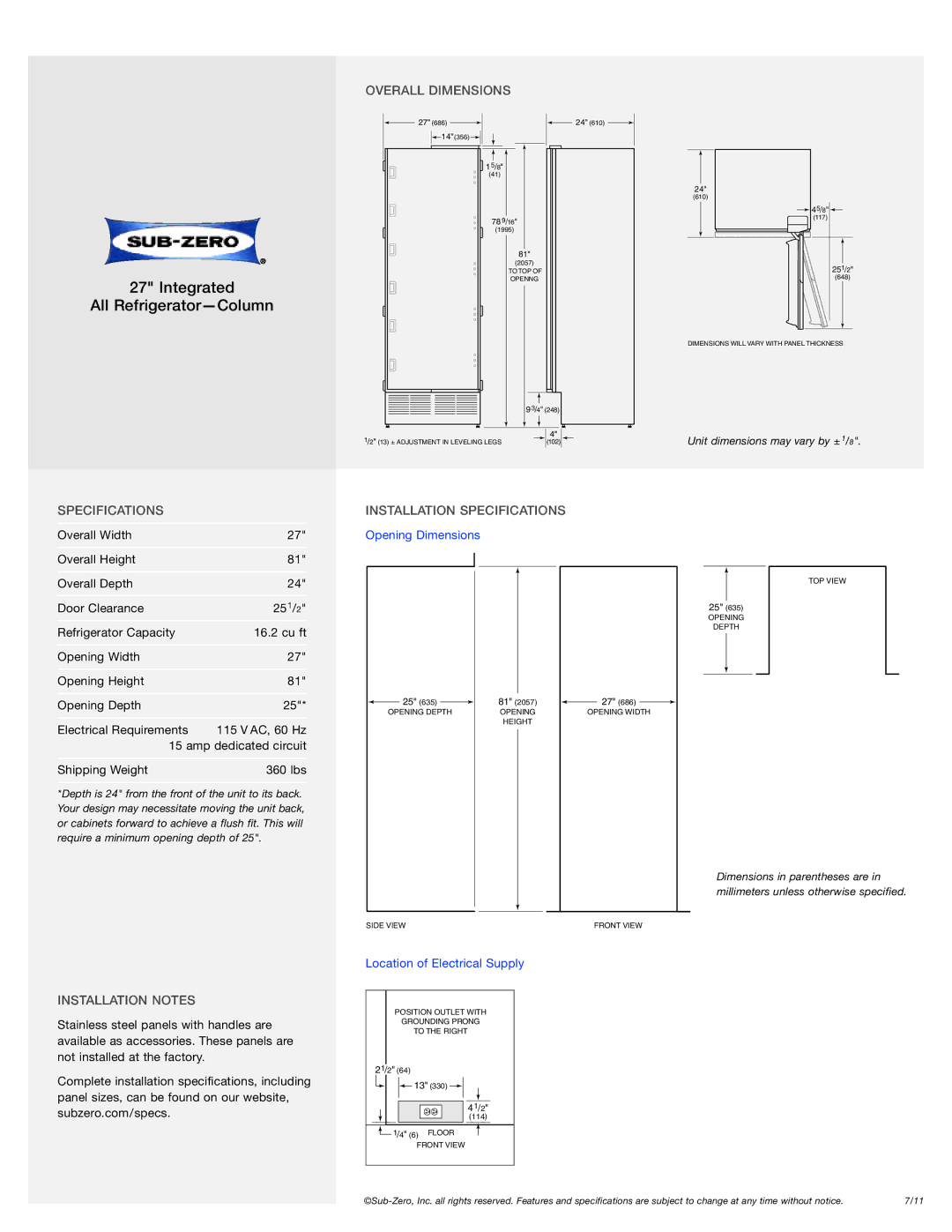 Sub-Zero IC-27R manual Overall Dimensions, Installation Specifications, Installation Notes 