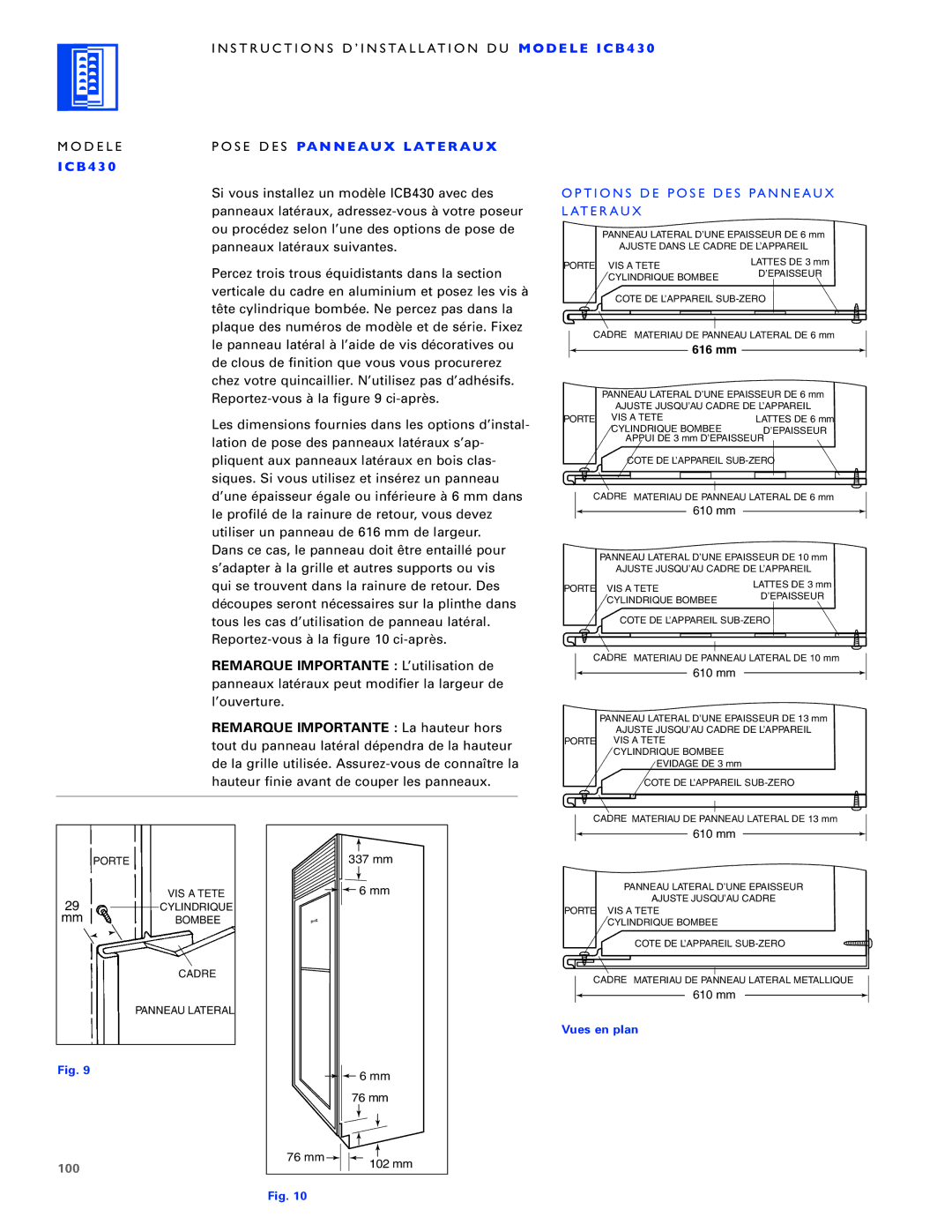 Sub-Zero ICB430, ICB424FS, ICB427R manual Pose DES PA N N E AU X LAT E R AU, 100 