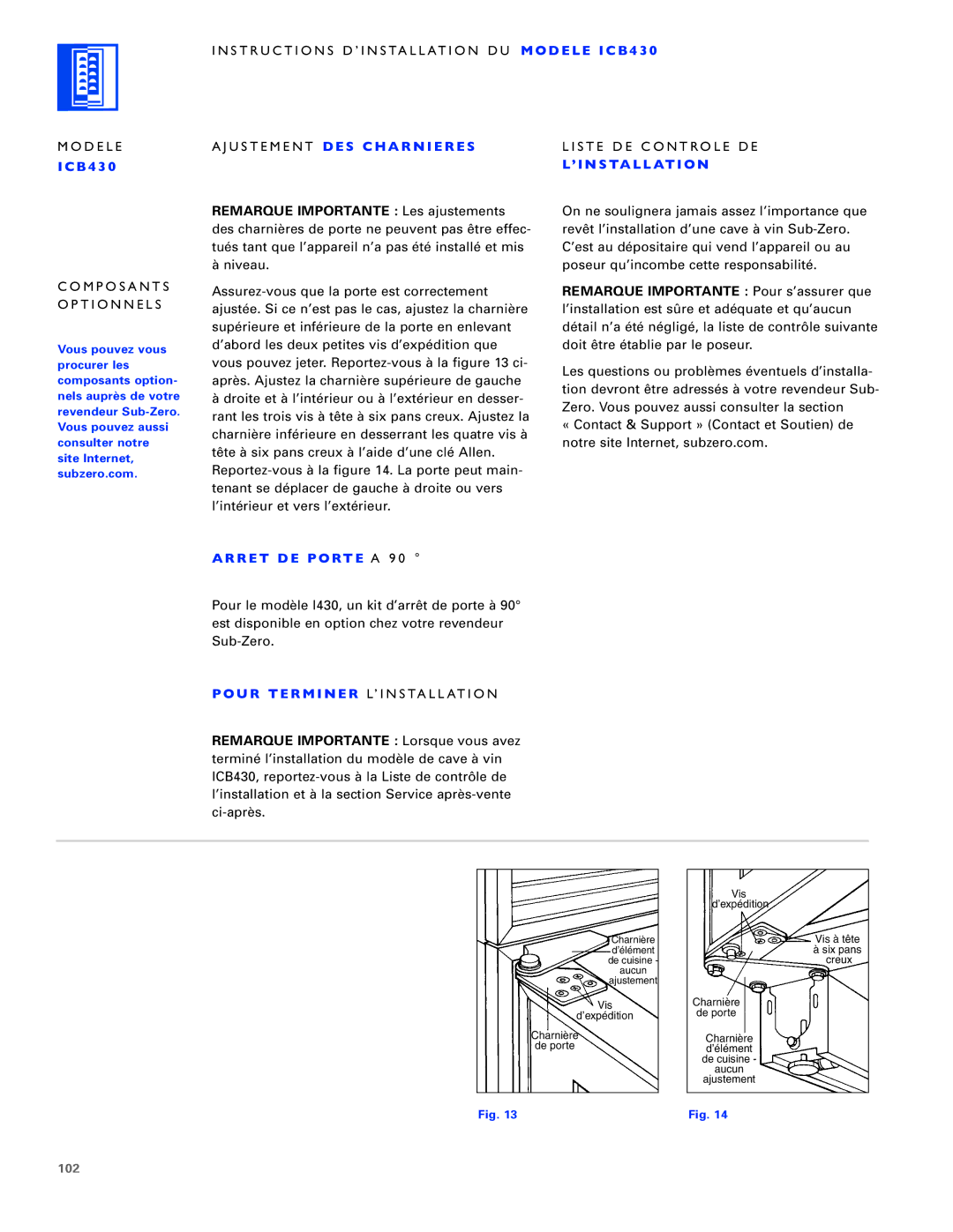 Sub-Zero ICB424FS, ICB430, ICB427R manual Liste DE Controle DE, ’ I N S Ta L L At I O N, 102 