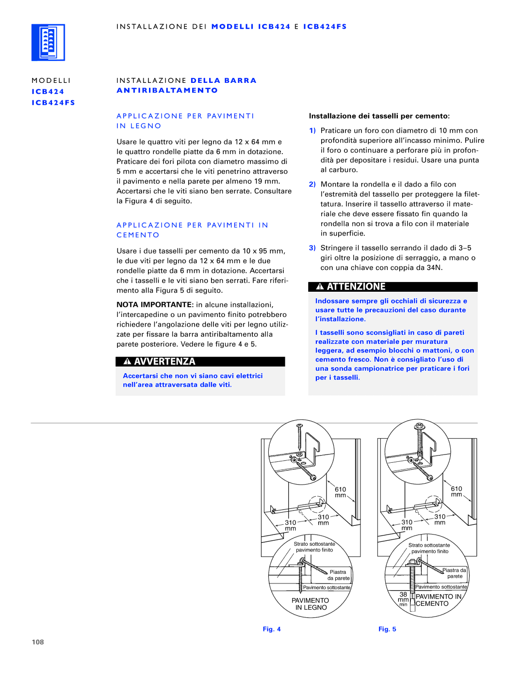 Sub-Zero ICB430, ICB424FS, ICB427R manual Applicazione PER Pavimenti, Legno, Cemento, 108 