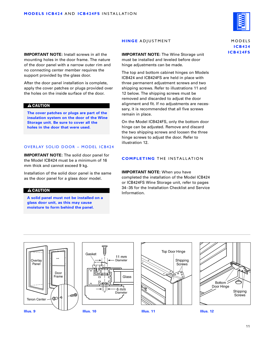 Sub-Zero ICB430, ICB427R manual Models ICB424 and ICB424FS Installation N G E Adjustment, Completing the Installation 