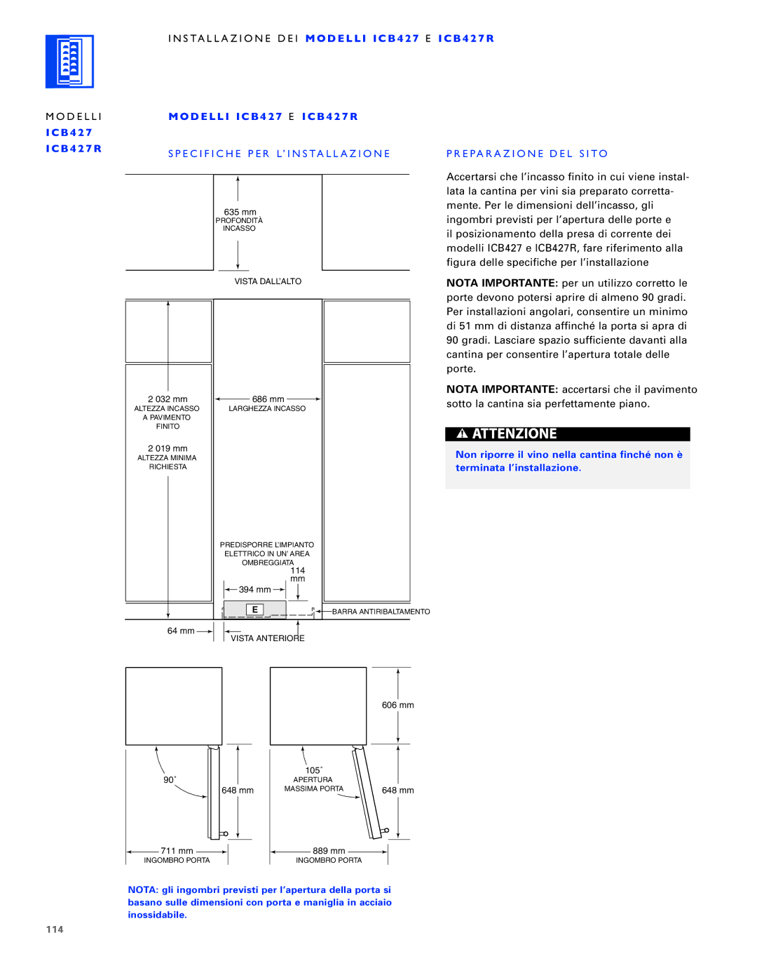 Sub-Zero ICB427R, ICB430 D E L L I I C B 4 2 7 E I C B 4 2 7 R, Specifiche PER L’INSTALLAZIONE Preparazione DEL Sito, 114 