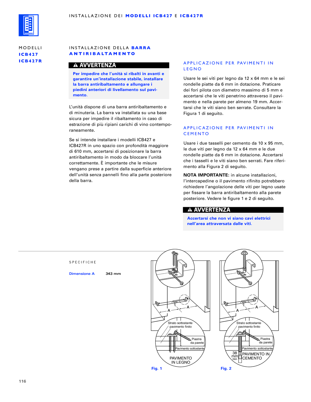 Sub-Zero ICB427, ICB430 manual Installazione DEI M O D E L L I I C B 4 2 7 E I C B 4 2 7 R, T I R I B a LT a M E N T O, 116 