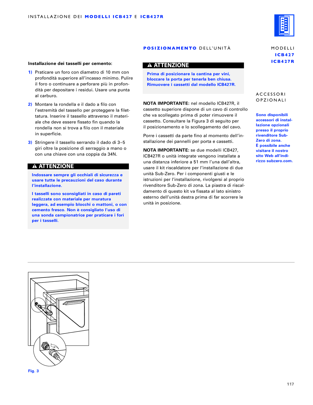 Sub-Zero ICB424FS, ICB430, ICB427R manual Accessori Opzionali, 117 