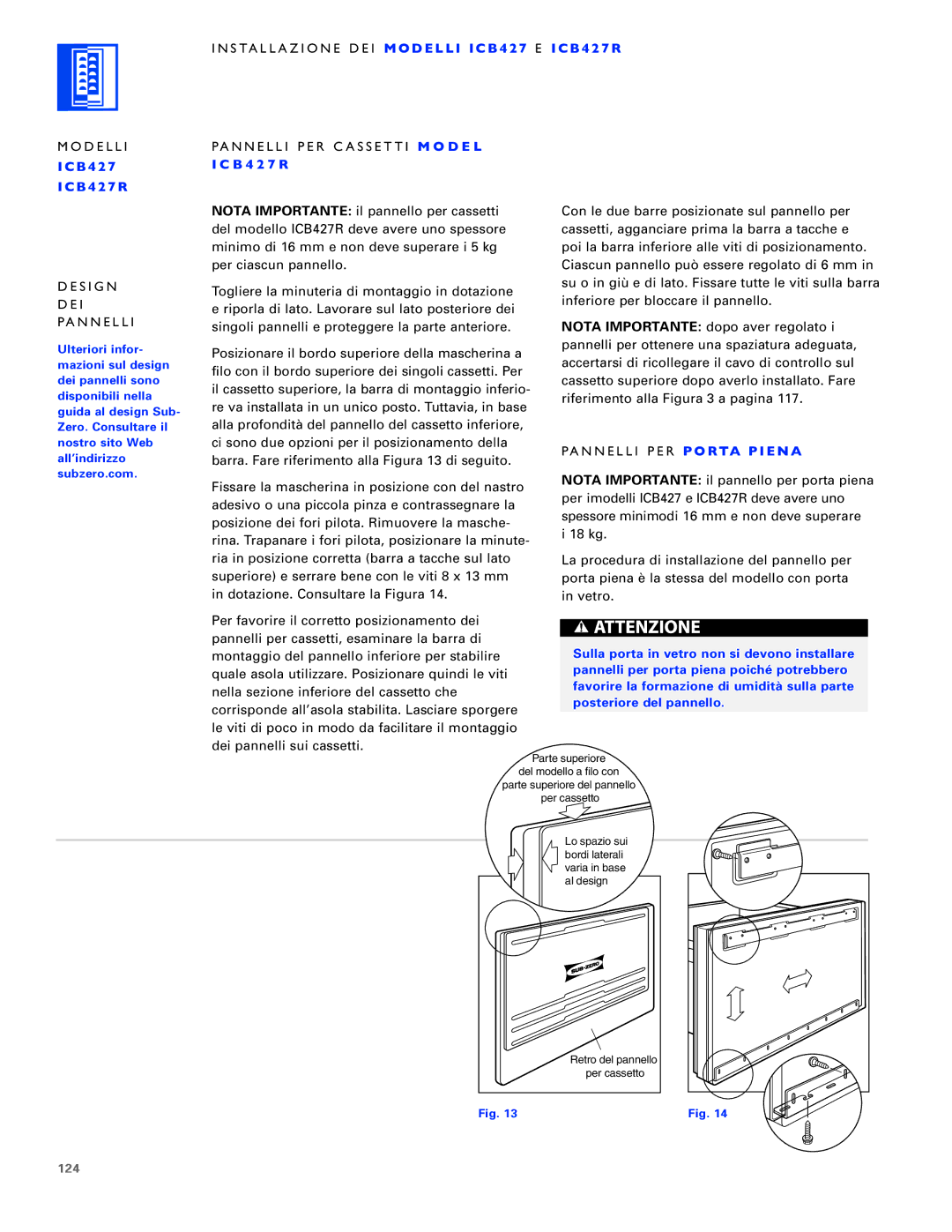 Sub-Zero ICB427R, ICB430, ICB424FS manual Pannelli PER P O RTA P I E NA, 124 