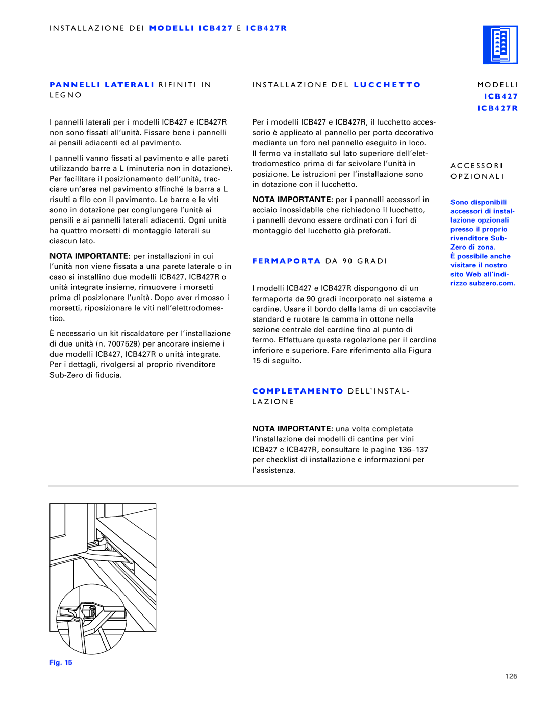 Sub-Zero ICB430, ICB424FS, ICB427R manual R M a P O RTA DA 90 Gradi, CO M P L E TA M E N to DELL’INSTAL, 125 