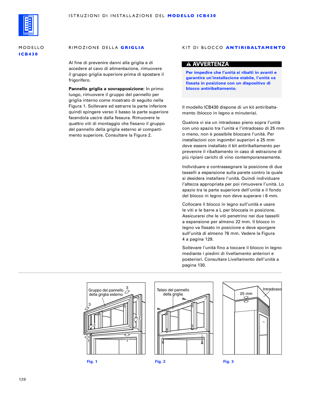 Sub-Zero ICB430, ICB424FS, ICB427R manual KIT DI Blocco a N T I R I BA LTA M E N to, 128 