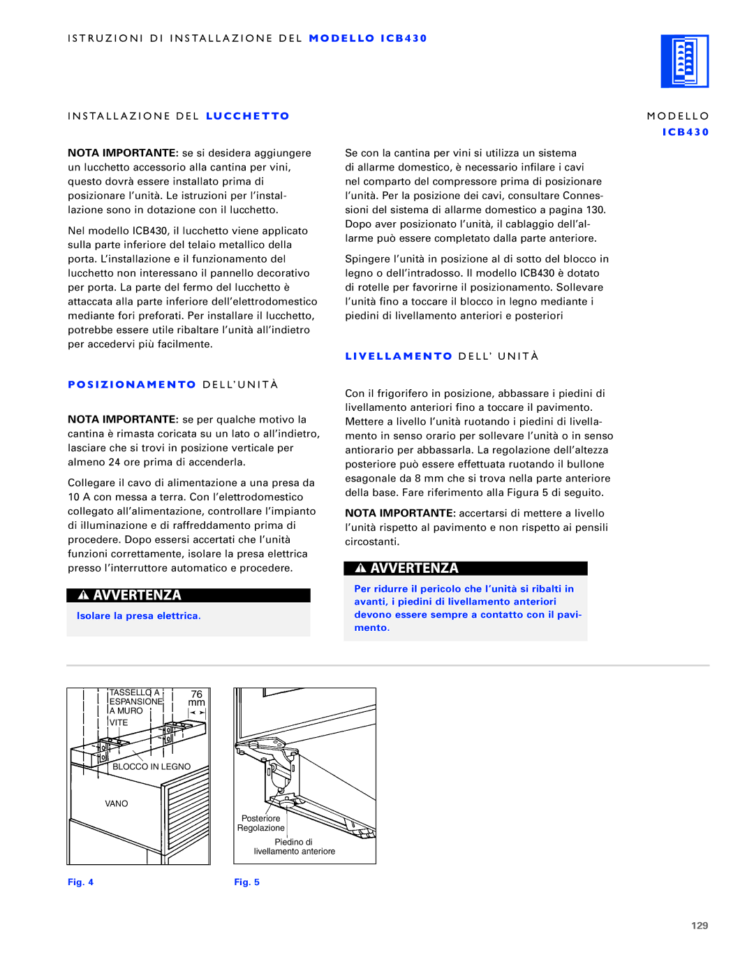 Sub-Zero ICB427R, ICB430, ICB424FS manual S I Z I ONA M E N to DELL’UNITÀ, 129 