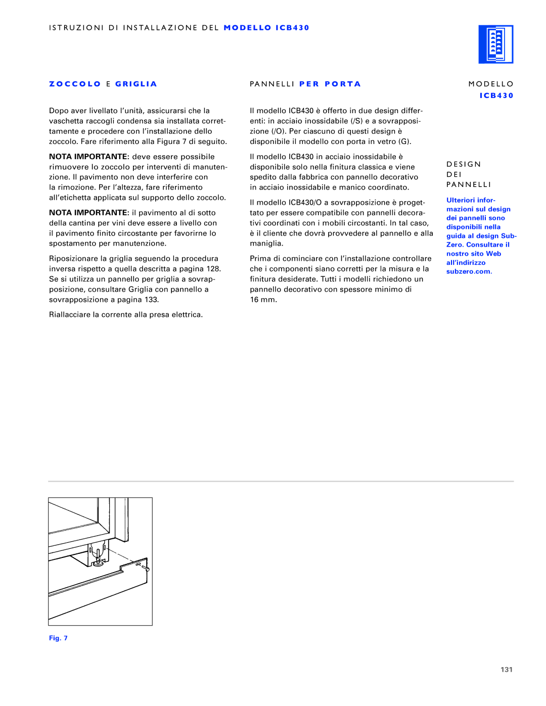 Sub-Zero ICB430, ICB424FS, ICB427R manual C C O L O E G R I G L I a, Pannelli P E R P O R T a Modello, 131 