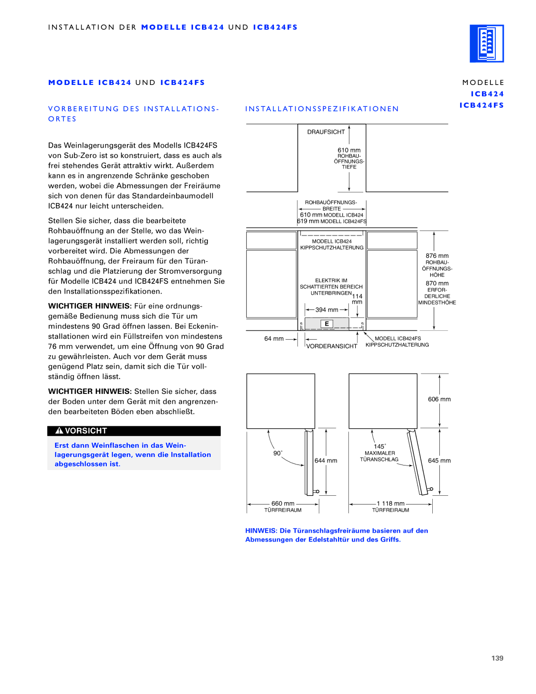 Sub-Zero ICB427R, ICB430 D E L L E I C B 4 2 4 UND I C B 4 2 4 F S, Vorbereitung DES Installations Ortes, Modelle, 139 