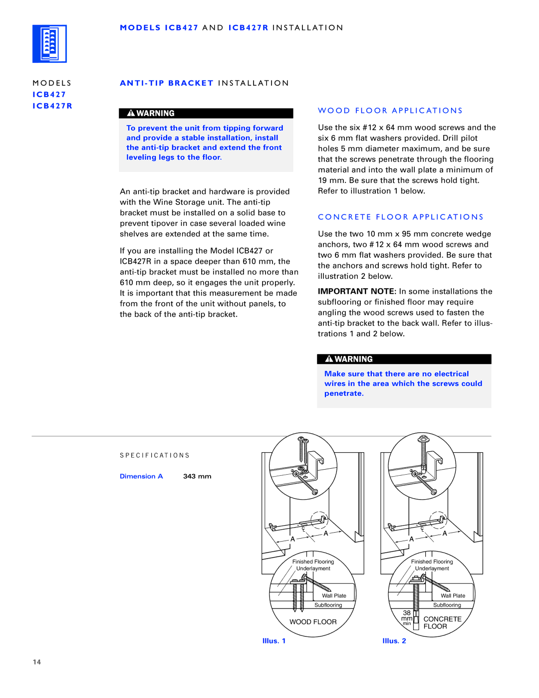 Sub-Zero ICB427R, ICB430, ICB424FS manual Dimension a 343 mm 