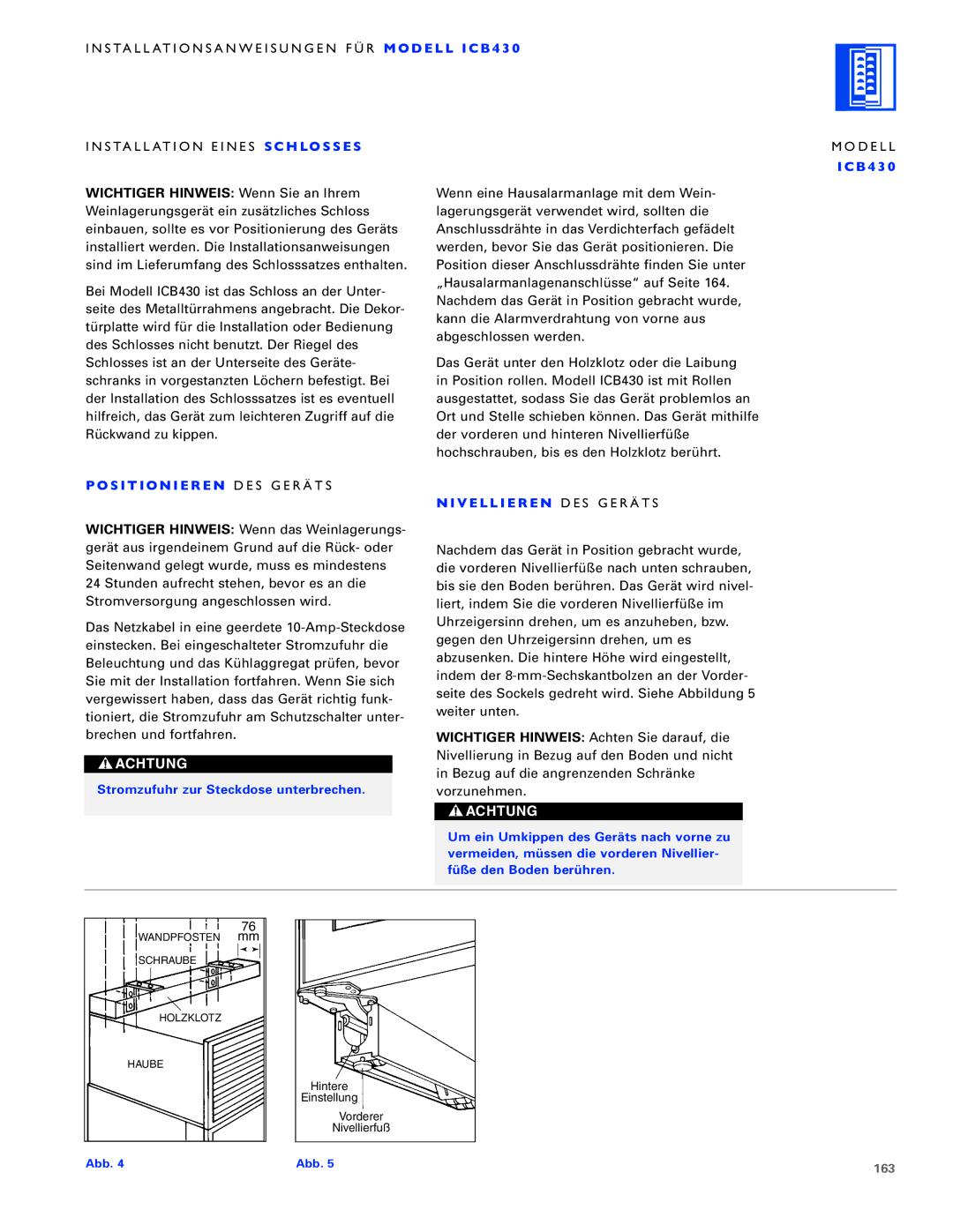 Sub-Zero ICB430, ICB424FS, ICB427R manual Stromzufuhr zur Steckdose unterbrechen, 163 