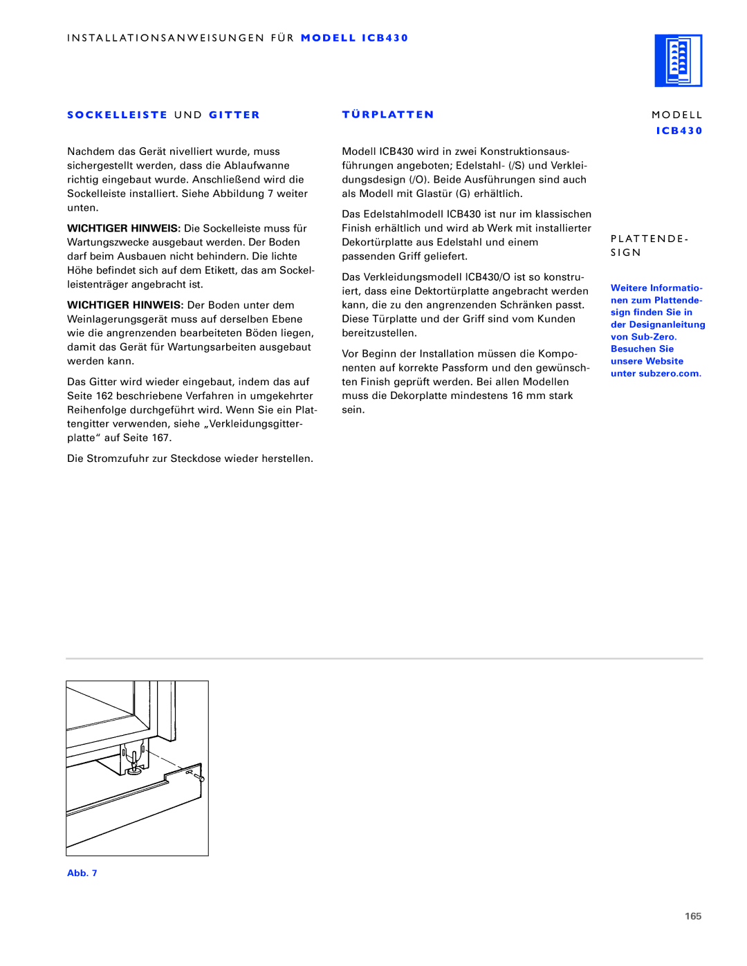 Sub-Zero ICB430, ICB424FS, ICB427R manual C K E L L E I S T E U N D G I T T E R R P L At T E N, 165 