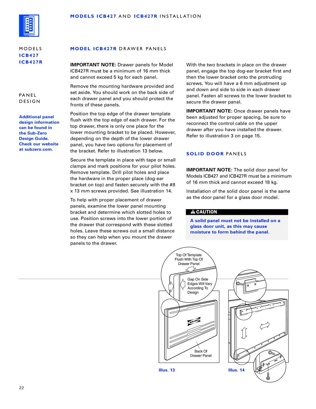 Sub-Zero ICB424FS, ICB430 manual Model ICB427R Drawer Panels, Solid Door Panels 