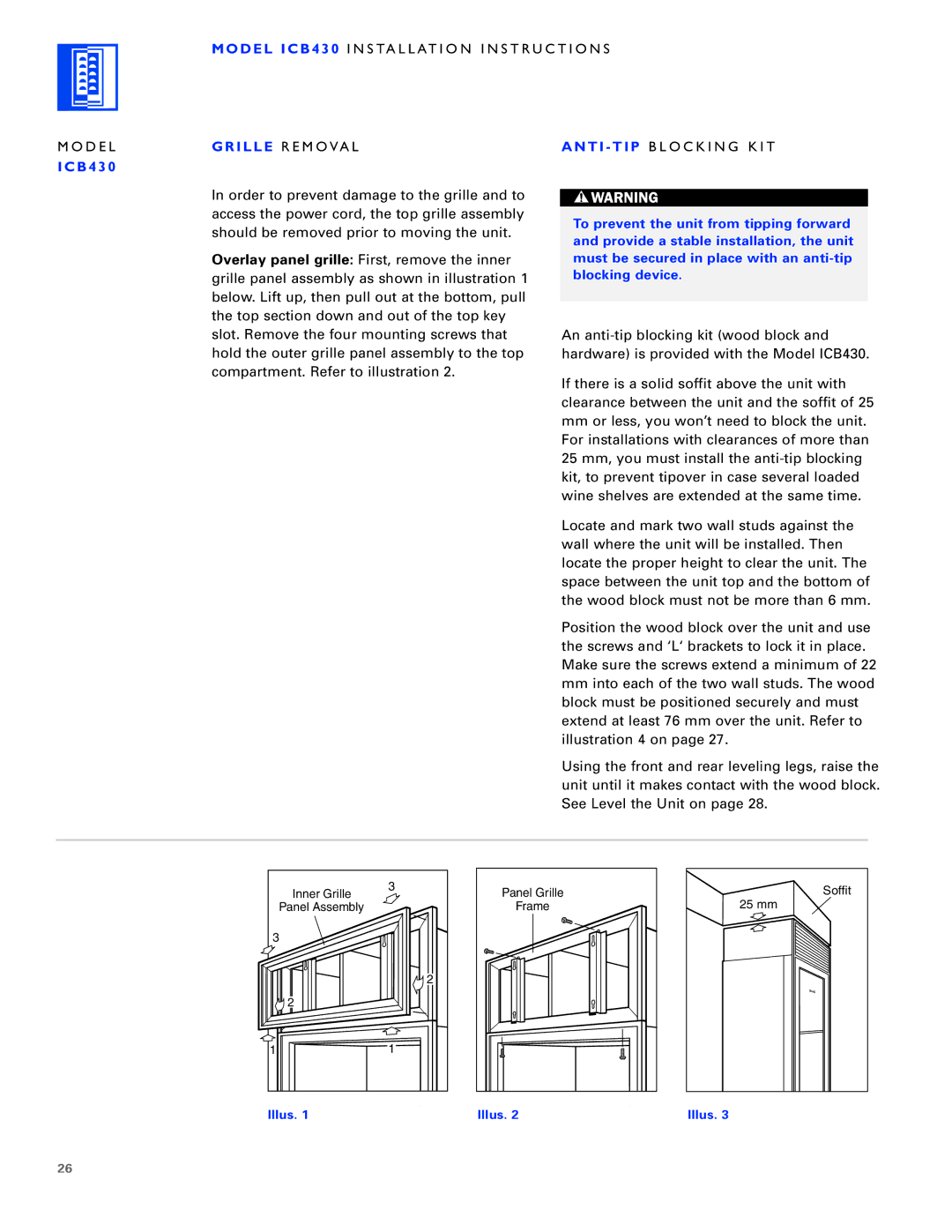 Sub-Zero ICB430, ICB424FS, ICB427R manual Grille Removal, Anti TIP Blocking KIT 