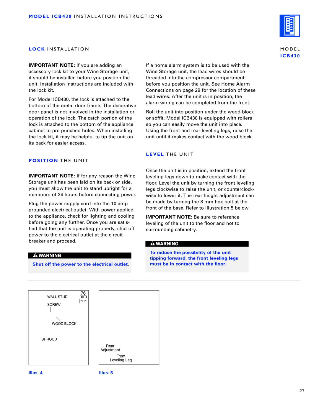 Sub-Zero ICB424FS, ICB427R manual Model ICB430 Installation Instructions Lock Installation, Level the Unit 