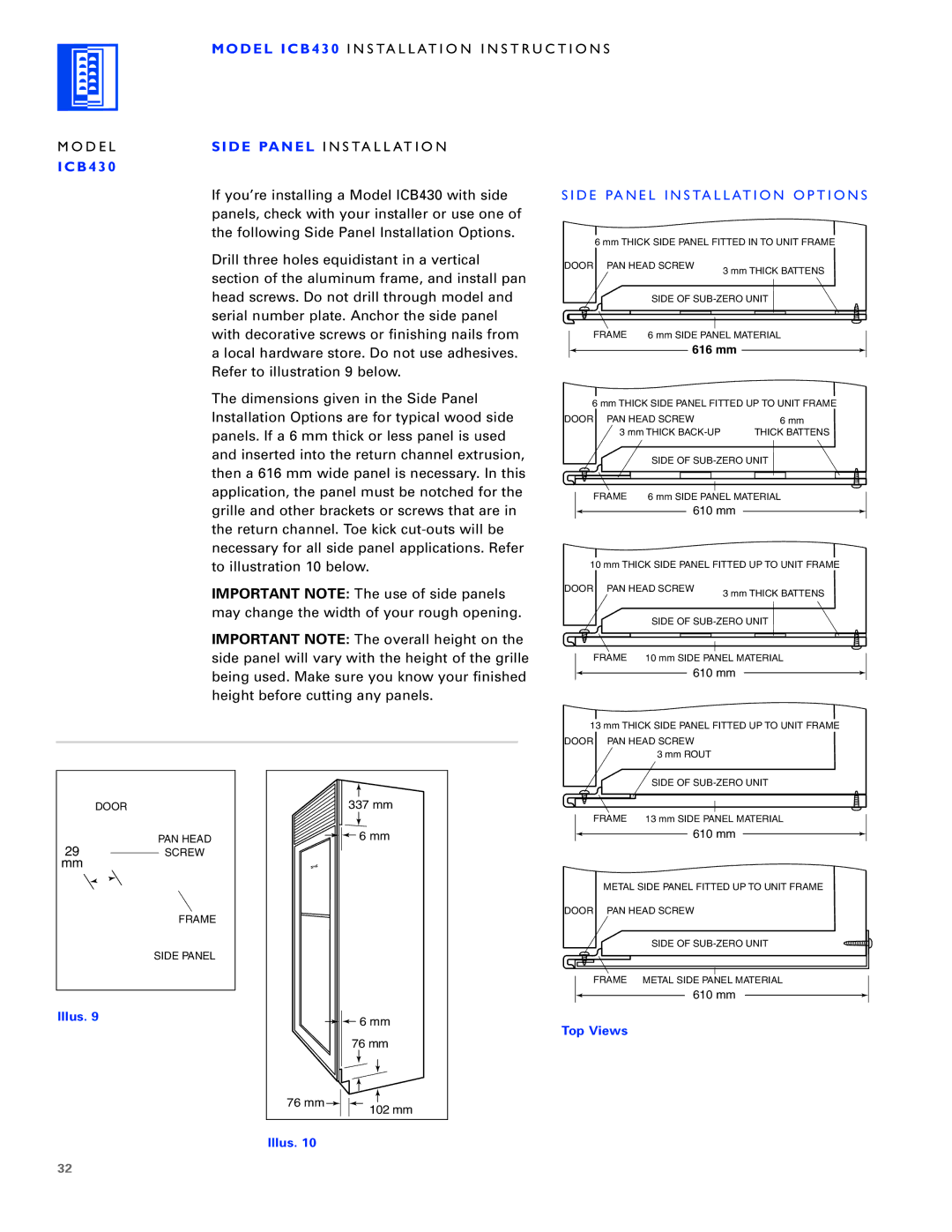 Sub-Zero ICB424FS, ICB430, ICB427R manual Side Panel Installation Options, Top Views Illus 