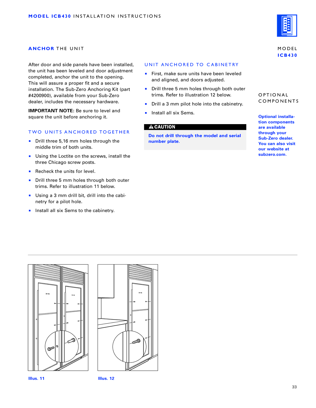 Sub-Zero ICB430, ICB424FS, ICB427R manual C H O R the Unit, Do not drill through the model and serial, Number plate 