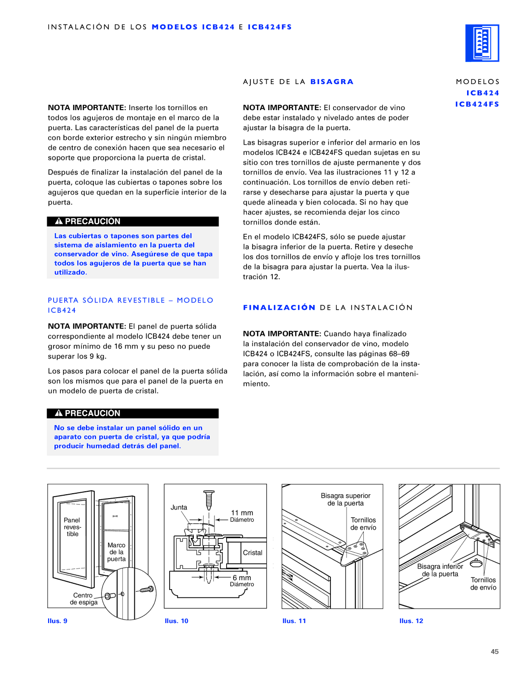 Sub-Zero ICB430, ICB424FS, ICB427R manual Ajuste DE LA B I S a G R a Modelos, Puerta Sólida Revestible Modelo ICB424 